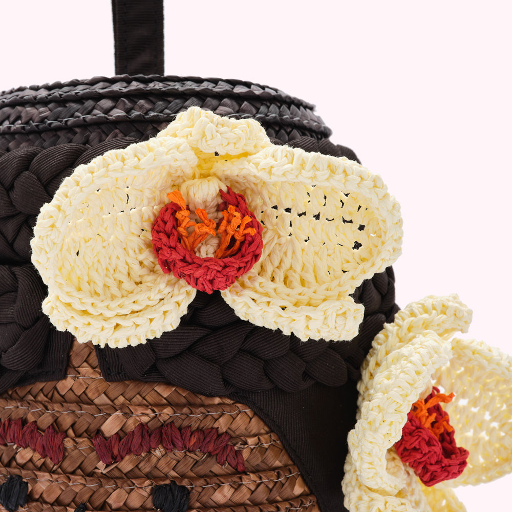 Close-up of a crocheted flower detail on a woven bag.
