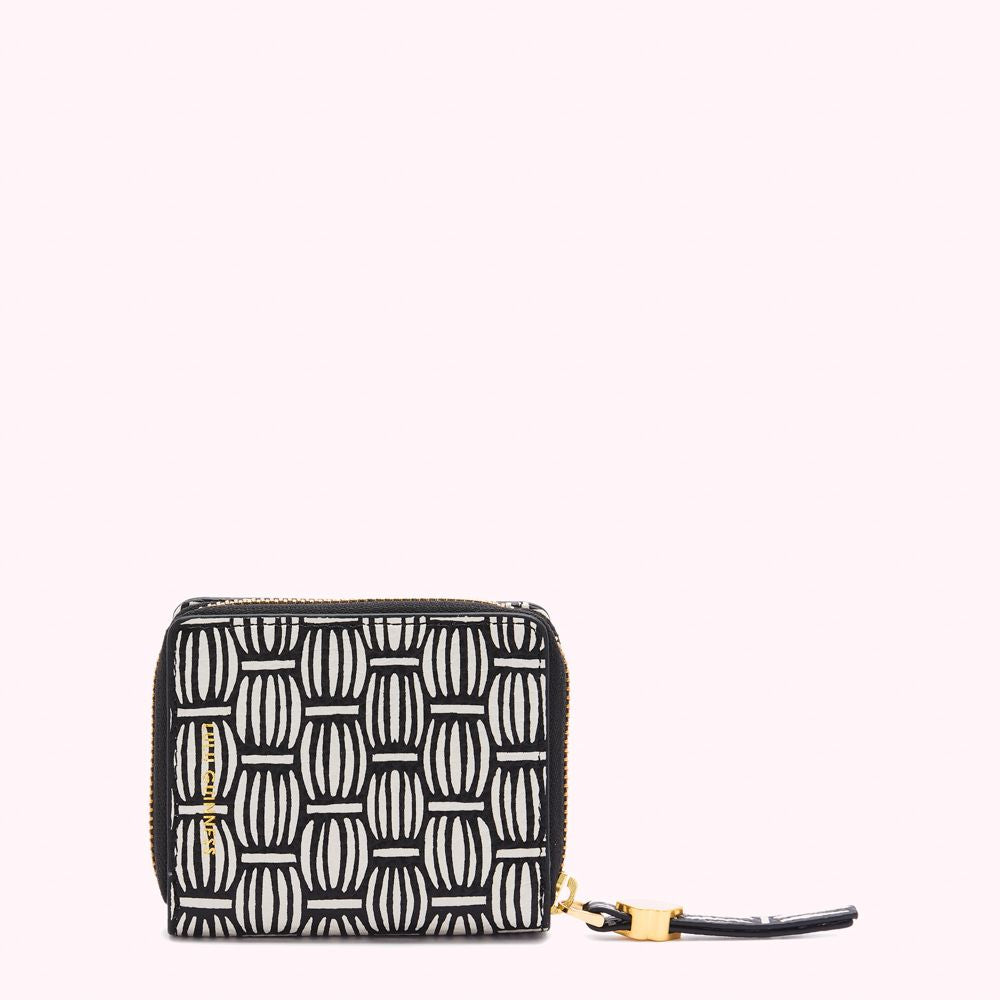 Black and white patterned zip-around wallet with gold zipper and pull.