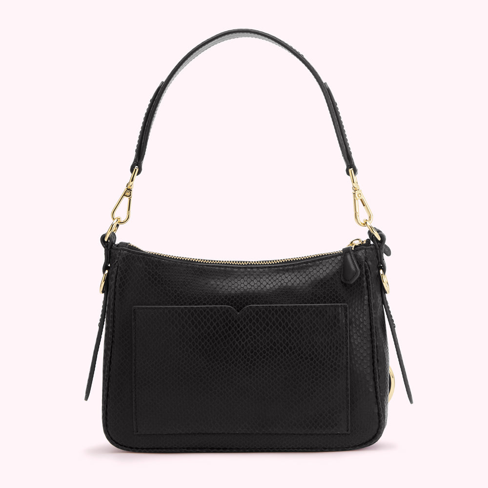 Black snakeskin-textured shoulder bag with gold hardware.
