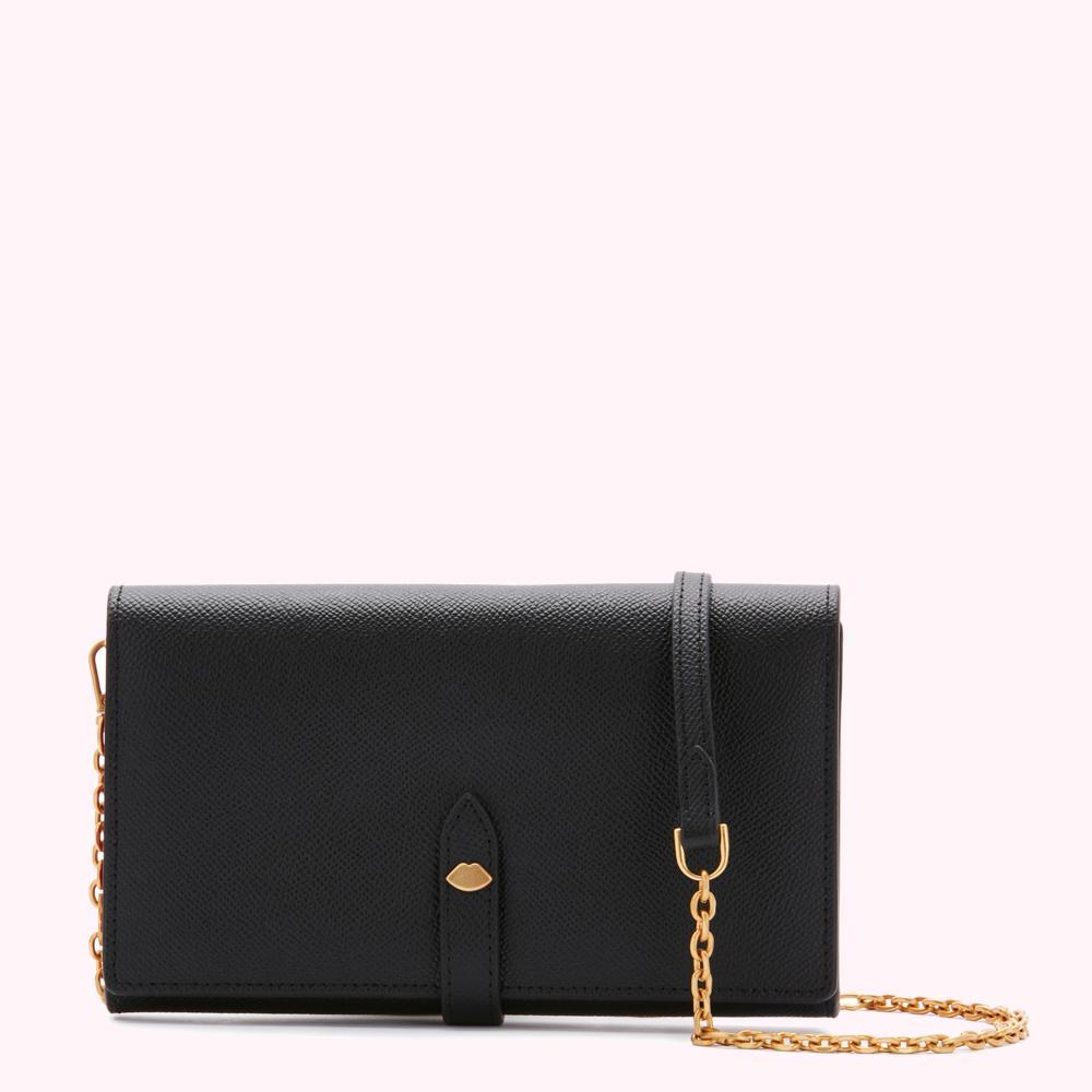 Black leather wallet on chain against a white background.
