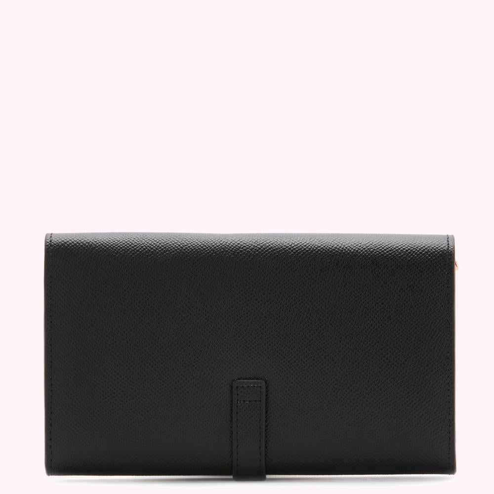 Black leather wallet on a white background.
