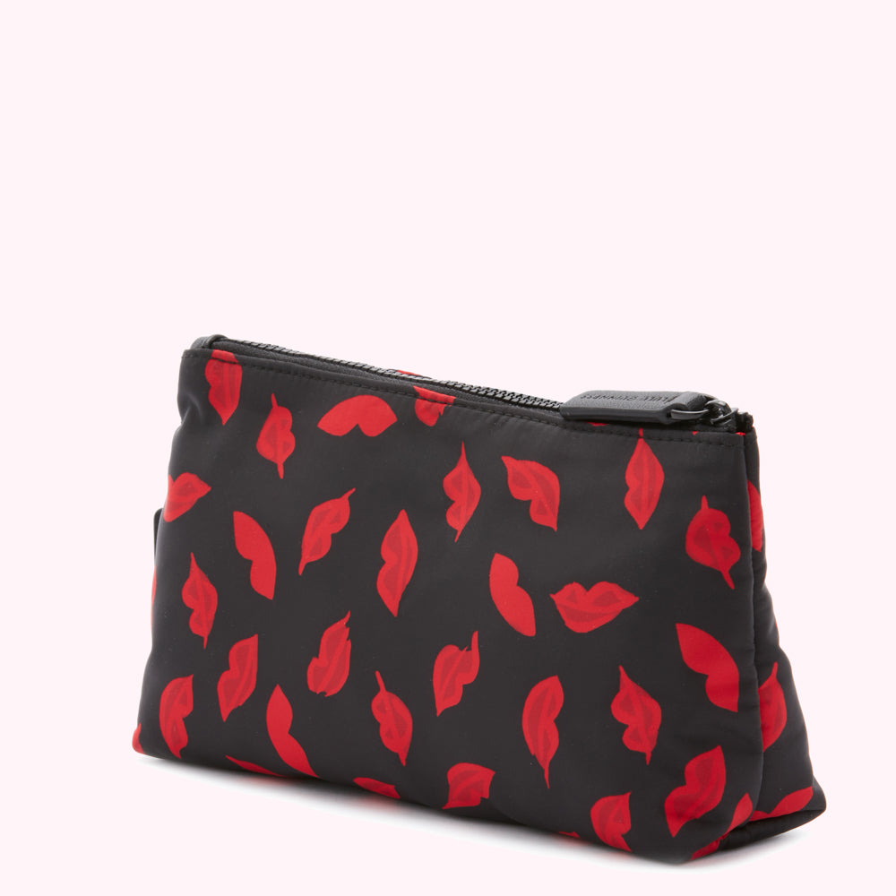 Black rectangular zippered pouch with red lips pattern.