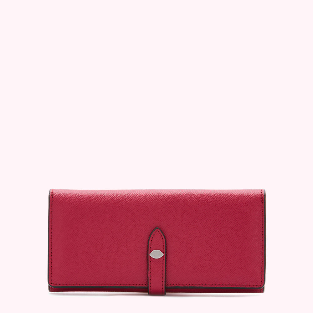 Red leather wallet with a lip-shaped clasp.
