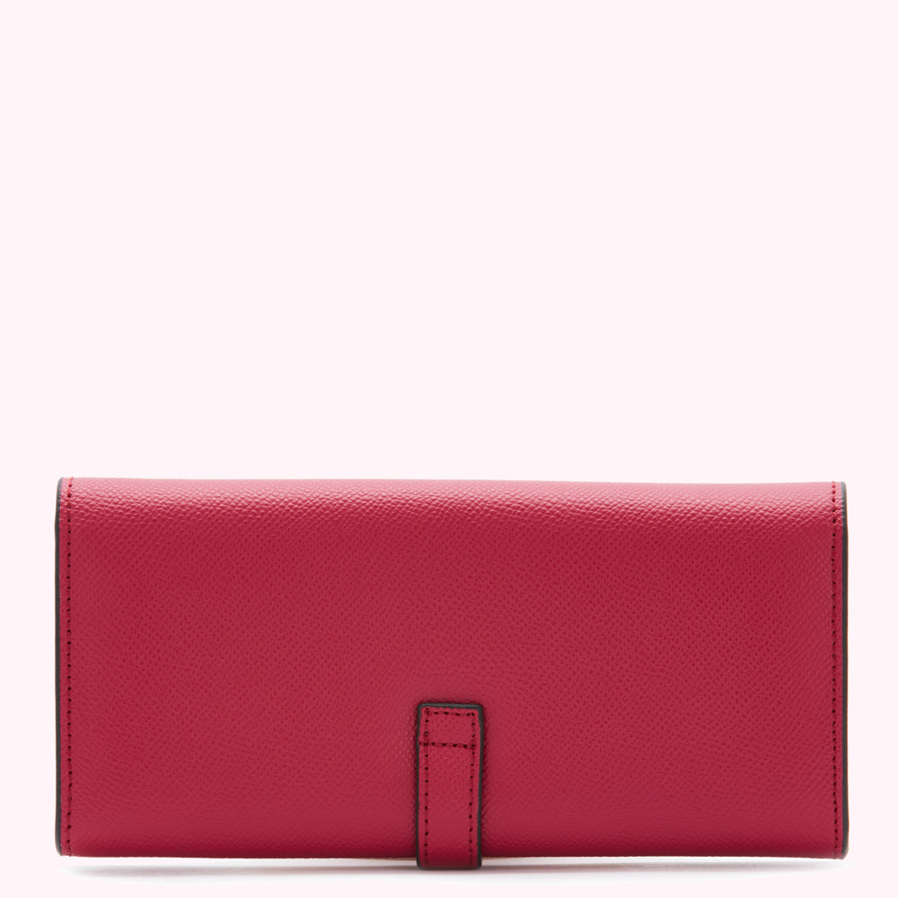 Pink leather wallet on white background.
