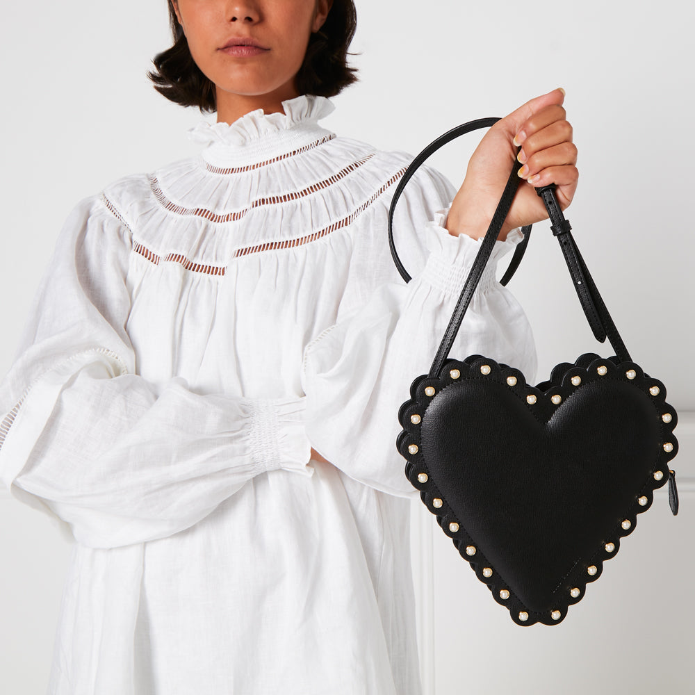 Black Scallop Pearls Heart Freya Crossbody Bag