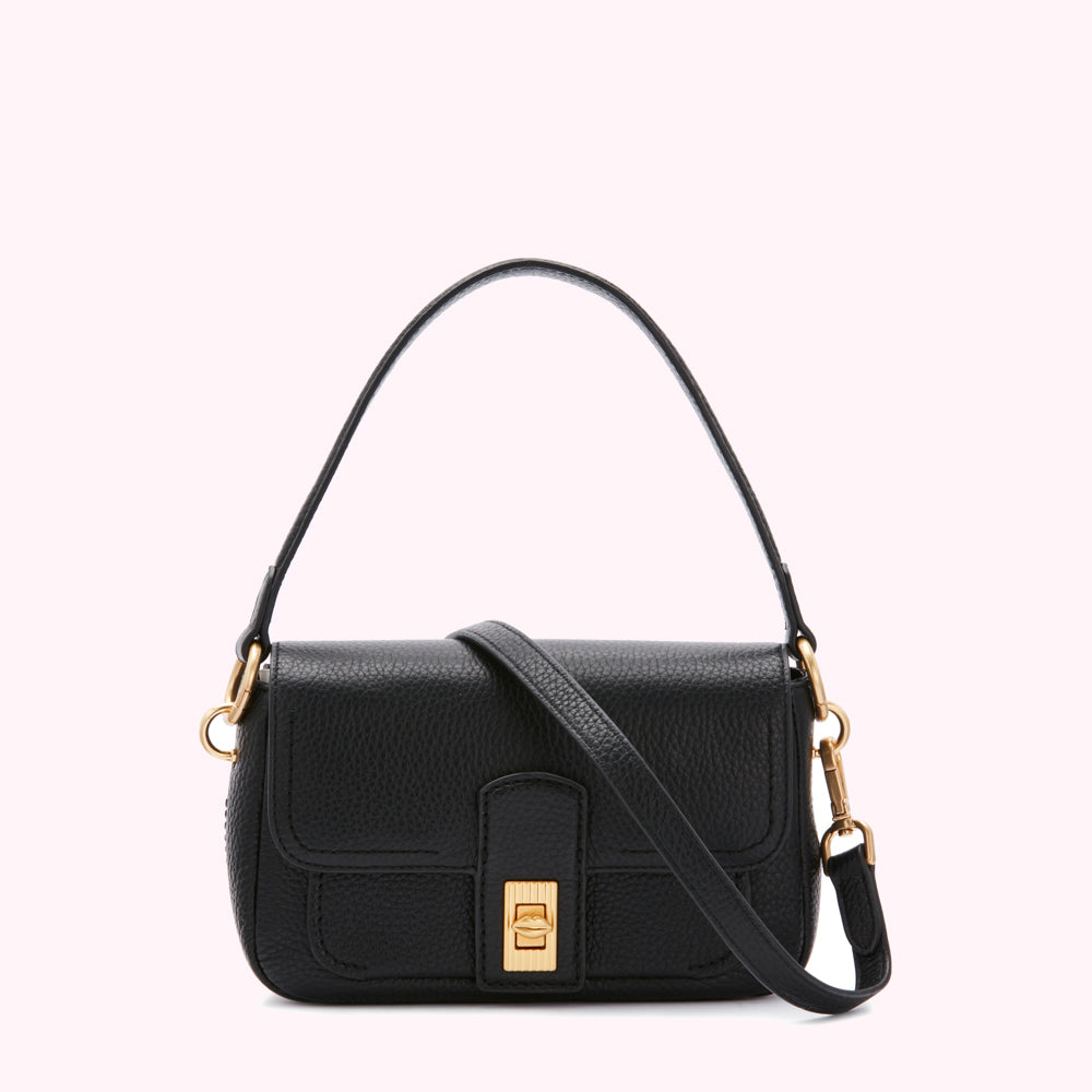 Black leather crossbody bag with gold hardware.
