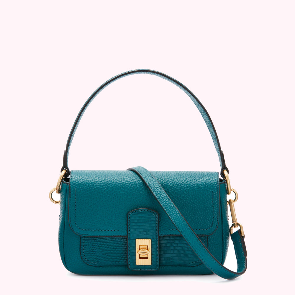 Teal textured leather crossbody bag with gold hardware.
