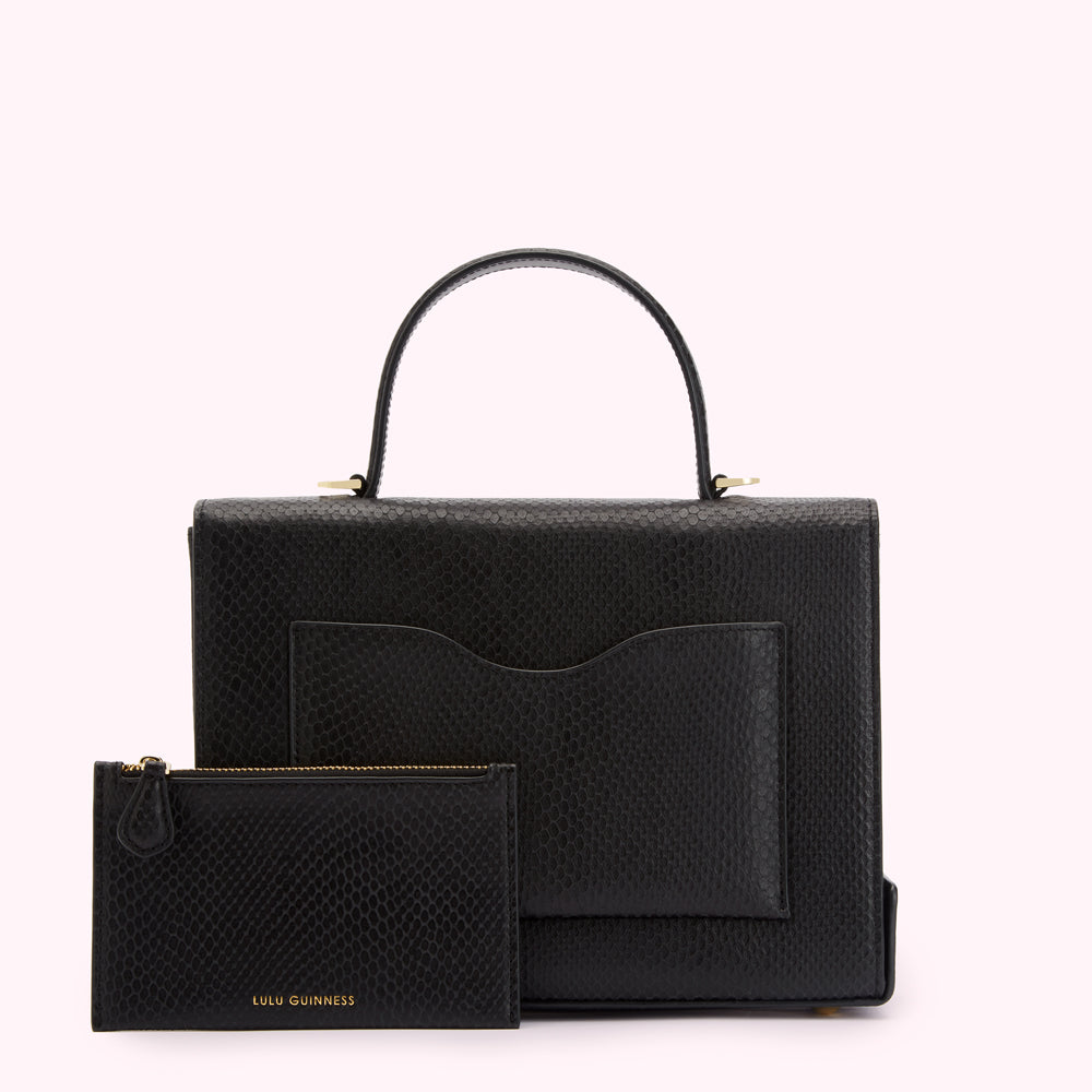 Black Lulu Guinness handbag with a snakeskin texture and a matching zip pouch.
