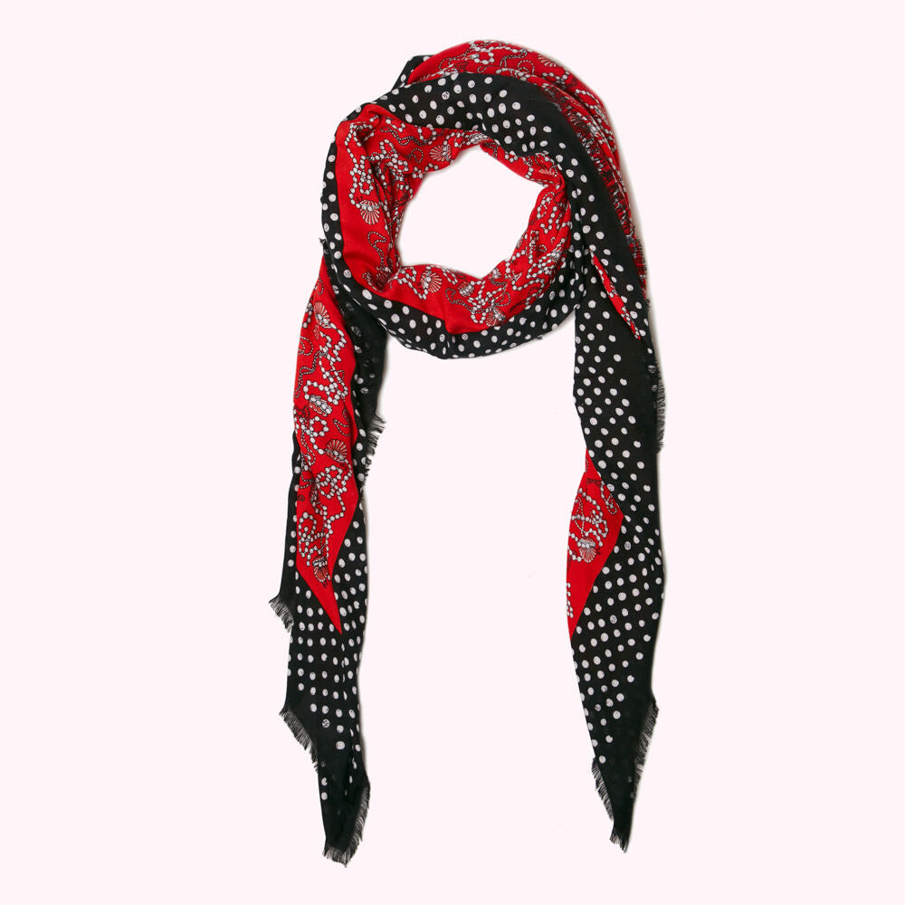 Red and black polka dot scarf with a paisley pattern.
