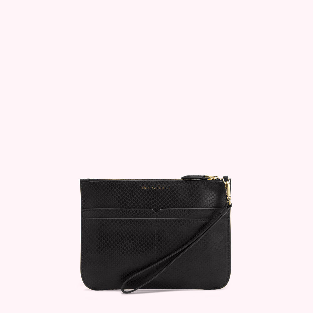 Black snakeskin-textured clutch with gold zipper and wrist strap.
