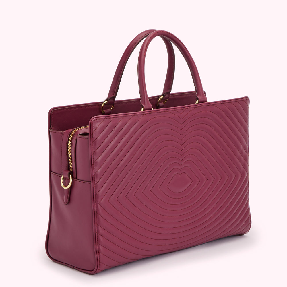 Burgundy quilted leather handbag with gold-tone hardware.