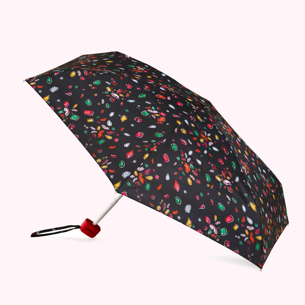 Compact black umbrella with a colorful jewel pattern.