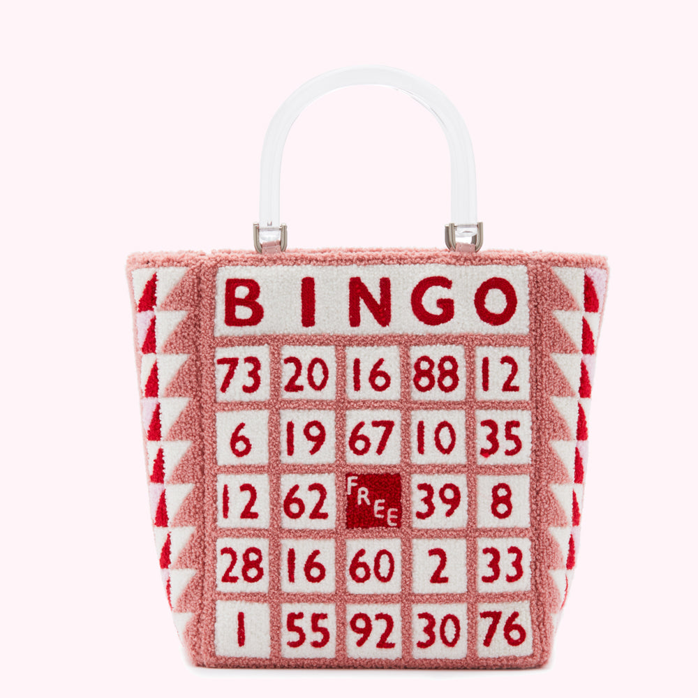 Pink tote bag with a clear handle featuring a bingo card design.