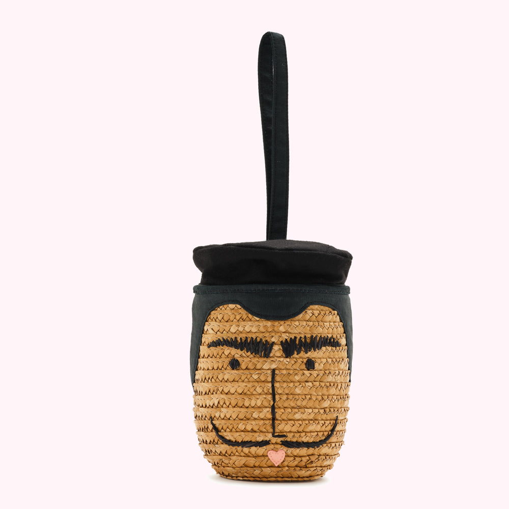 Straw bag shaped like a man's face with a black hat.