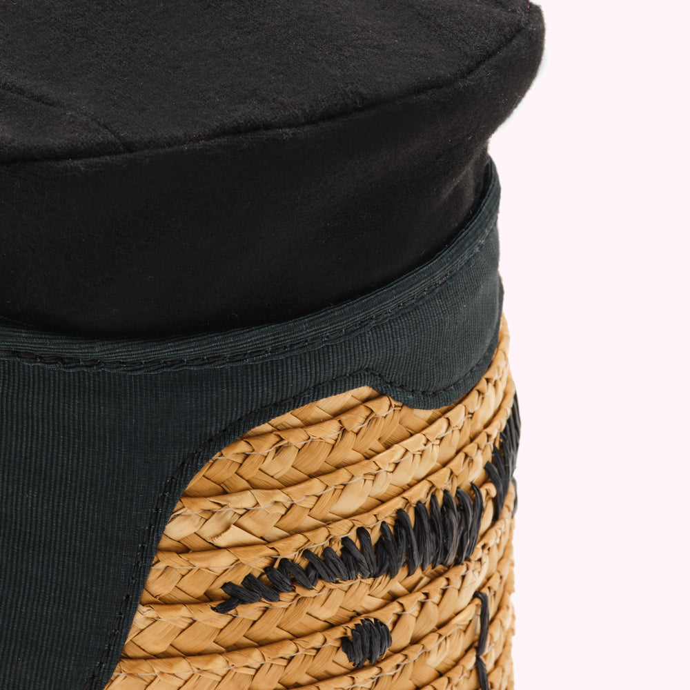 Close-up of a straw hat with a black fabric band and top.