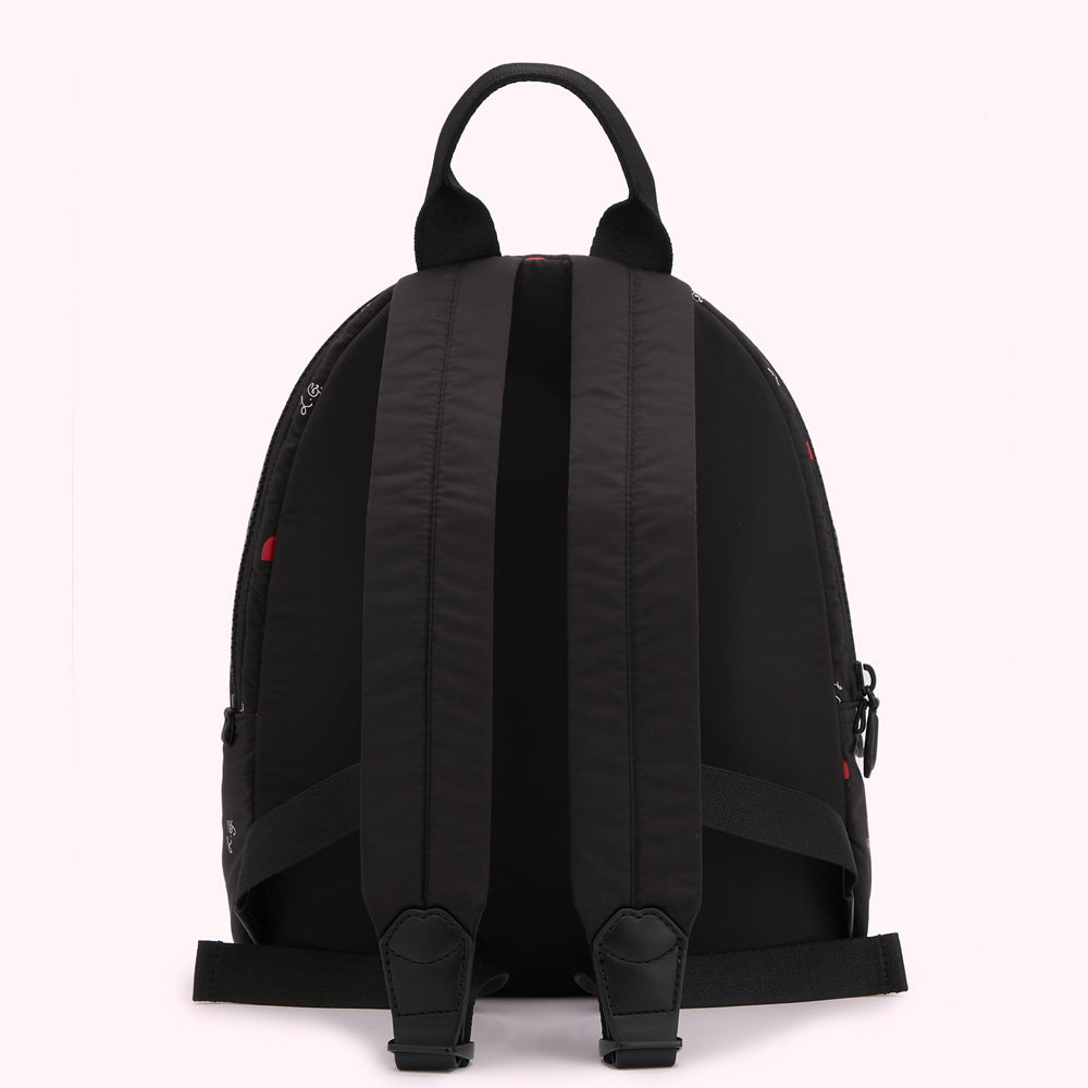 Back view of a black backpack with red and white accents.
