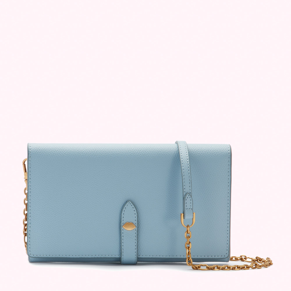 Light blue leather wallet-on-chain bag with gold-tone hardware.