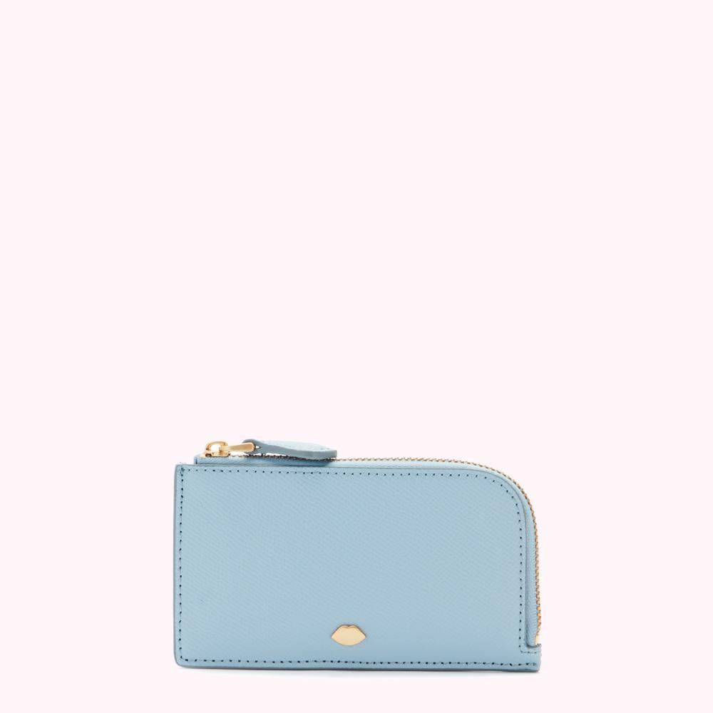 Light blue leather zip-around cardholder with gold zipper and logo.
