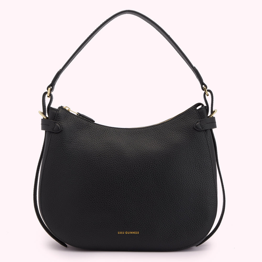Black Lulu Guinness pebble leather crescent-shaped shoulder bag with gold-tone hardware and zipper closure.
