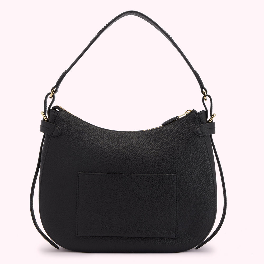 Black leather hobo bag with a zip closure and back pocket, shown from the back on a white background.
