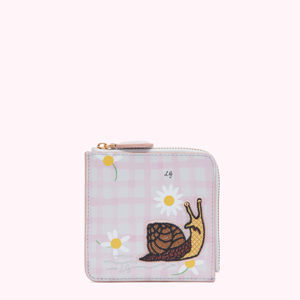 Pink gingham purse with embroidered snail and daisies.