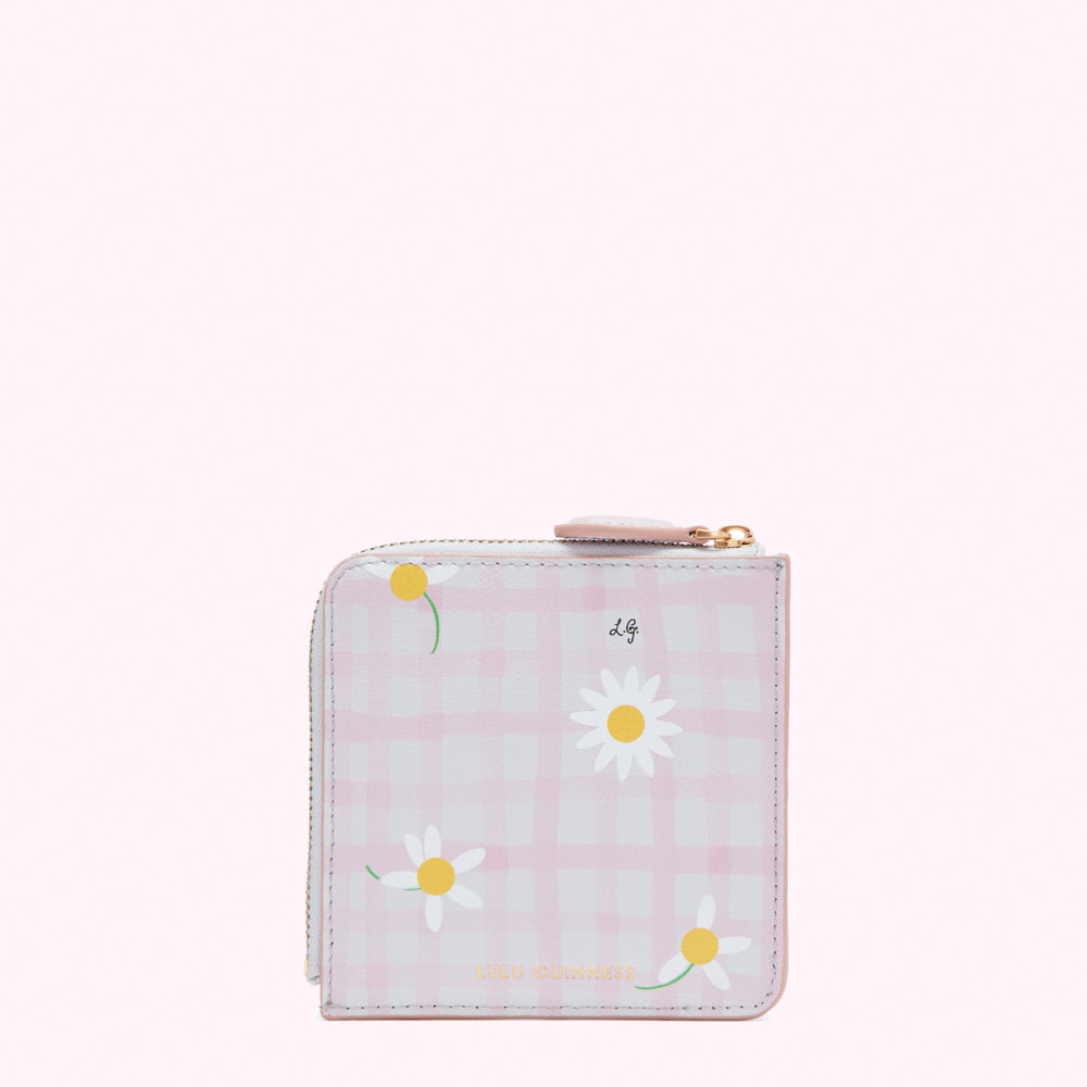 Pink gingham purse with daisies and gold zipper.