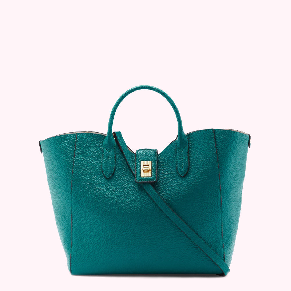 Teal leather tote bag with gold clasp and shoulder strap.
