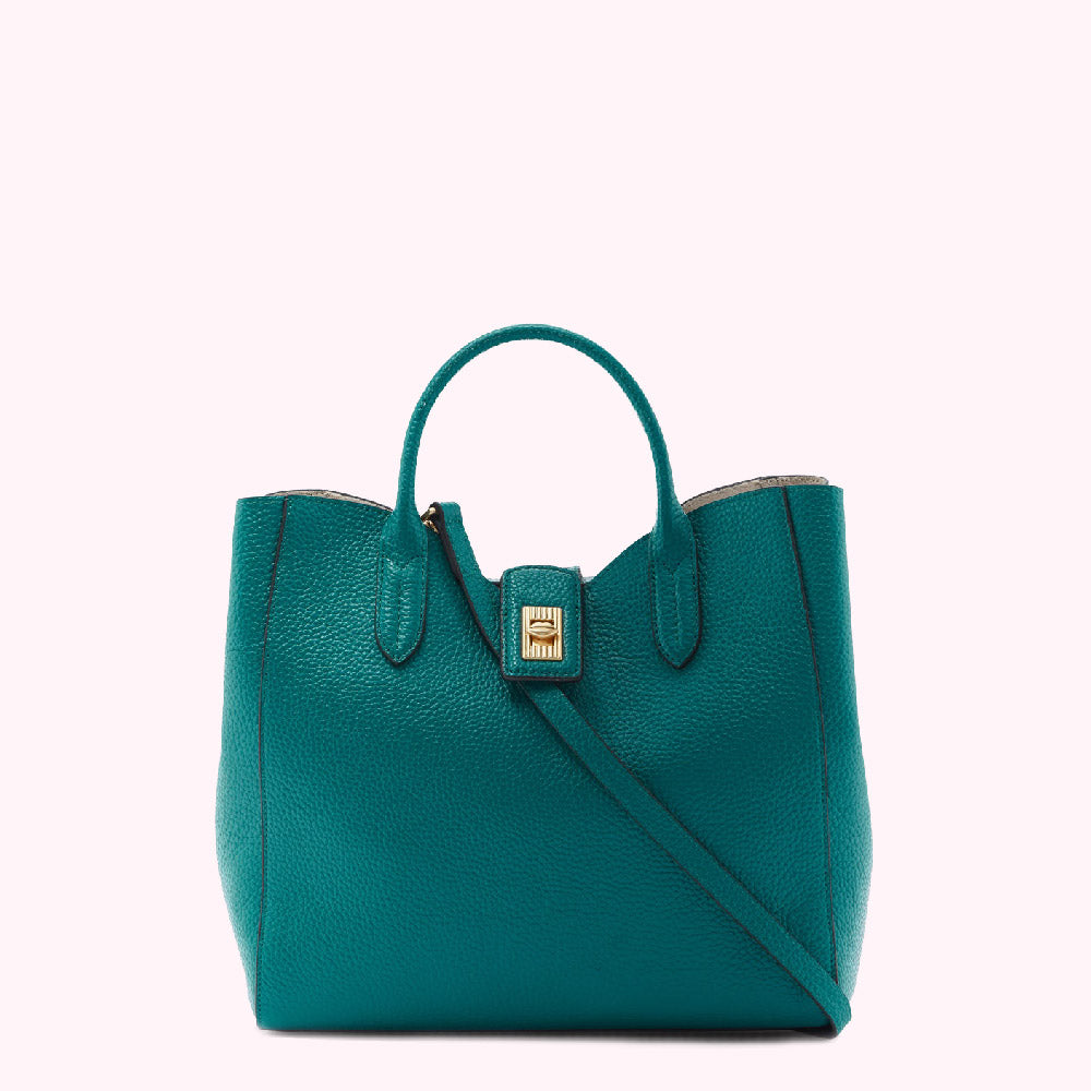 Teal textured leather tote bag with gold clasp and shoulder strap.
