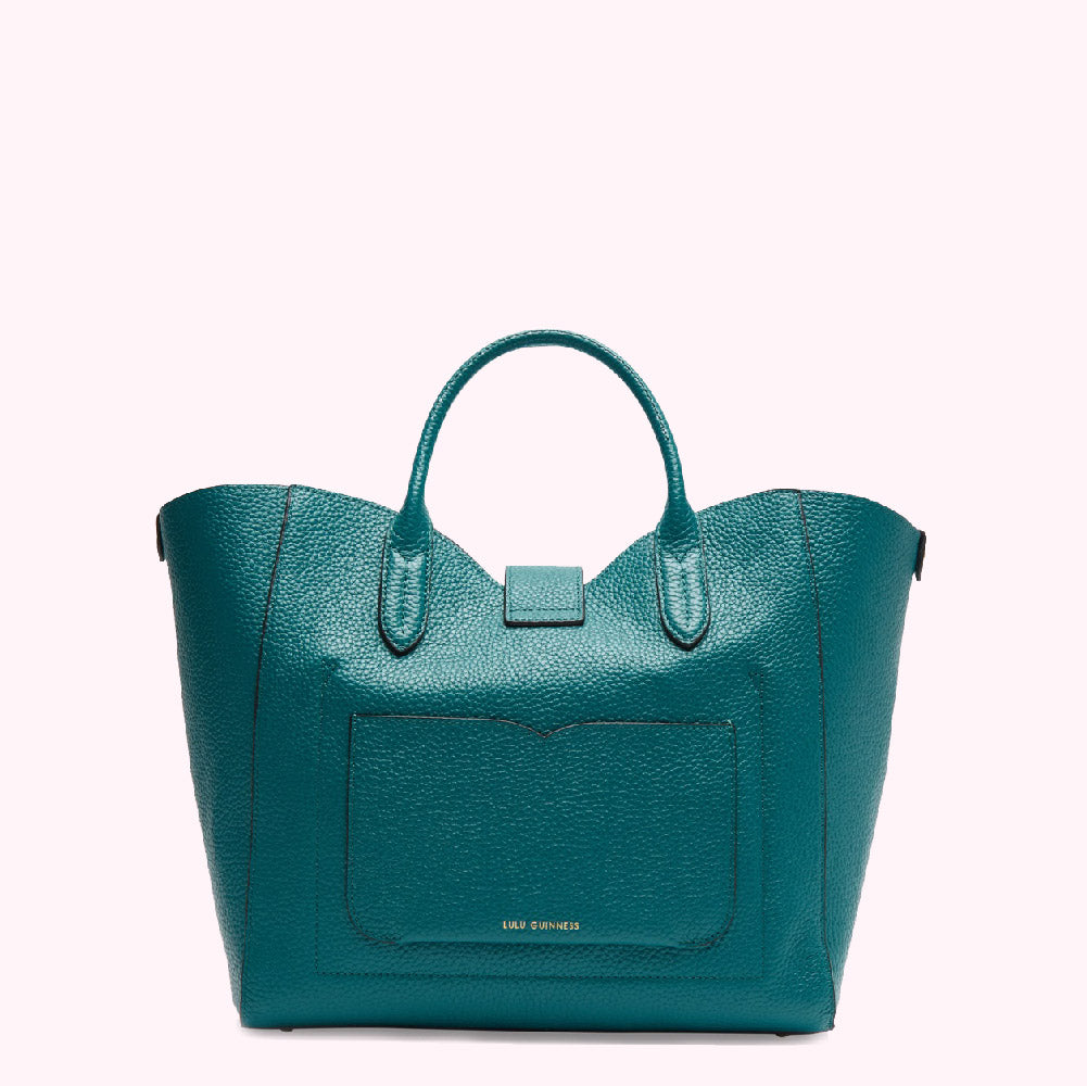 Teal Lulu Guinness tote bag with a front pocket.
