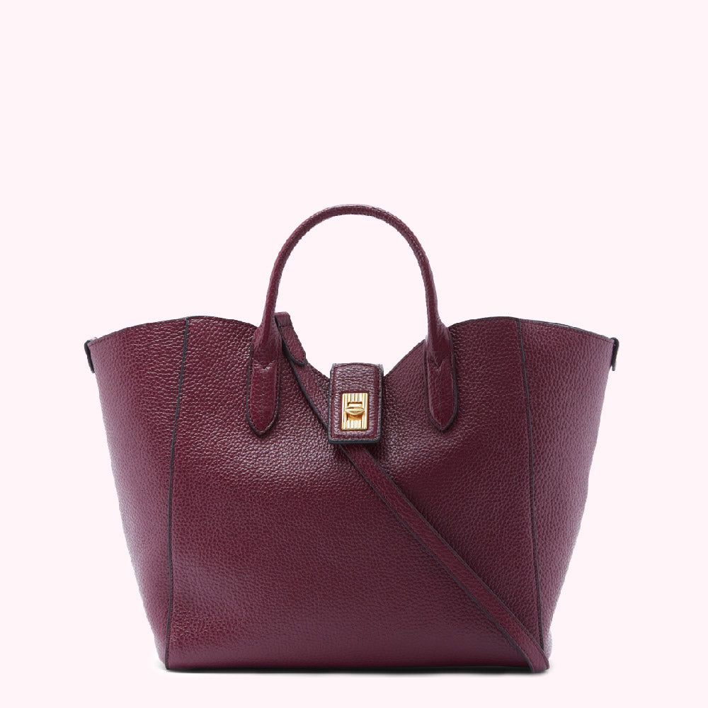 Burgundy leather handbag with a gold clasp and a shoulder strap.

