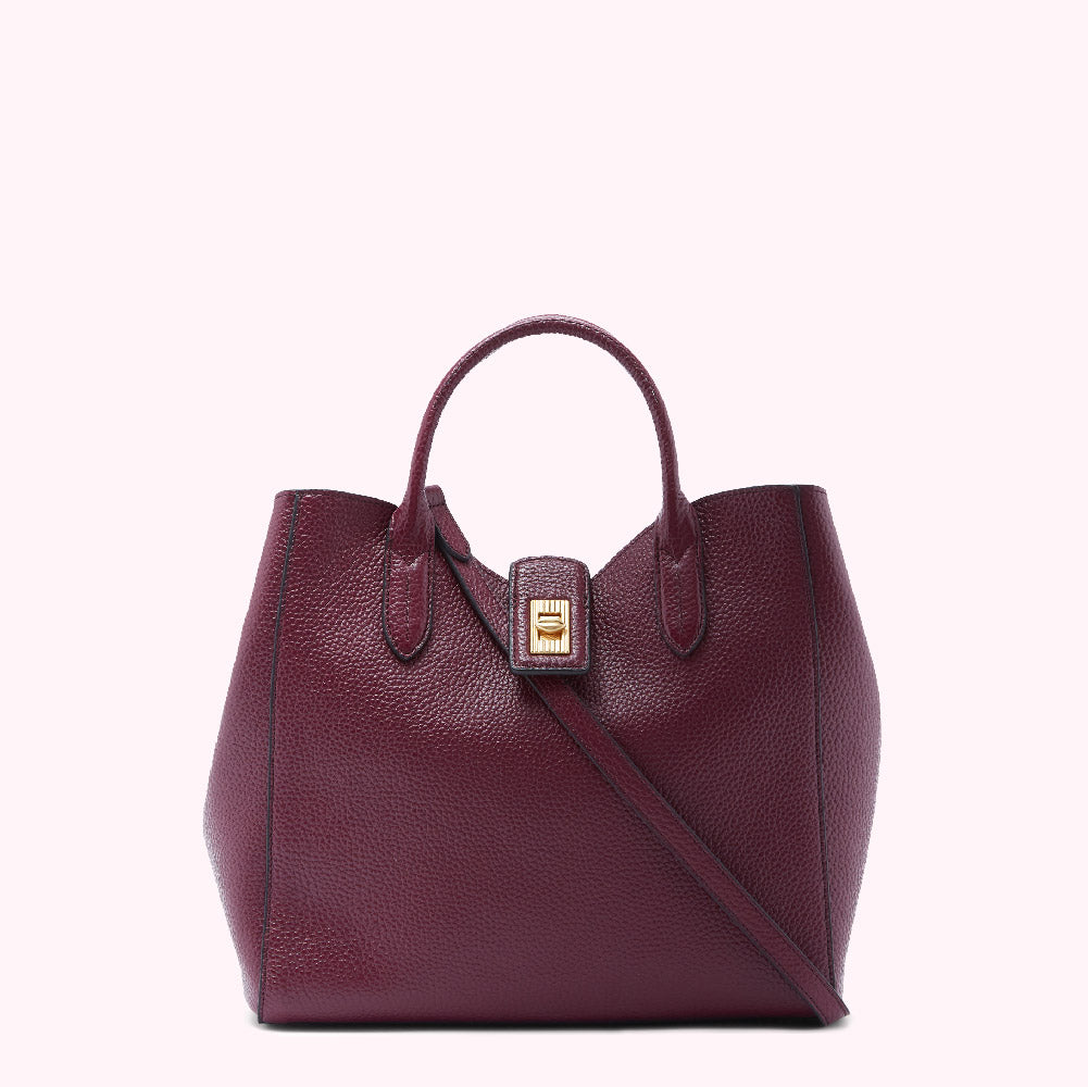 Burgundy leather handbag with gold clasp and shoulder strap against a white background.
