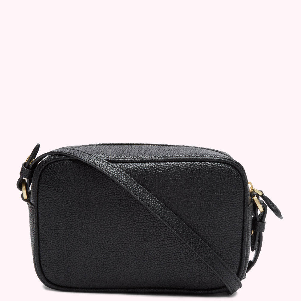 Black crossbody bag with gold hardware.
