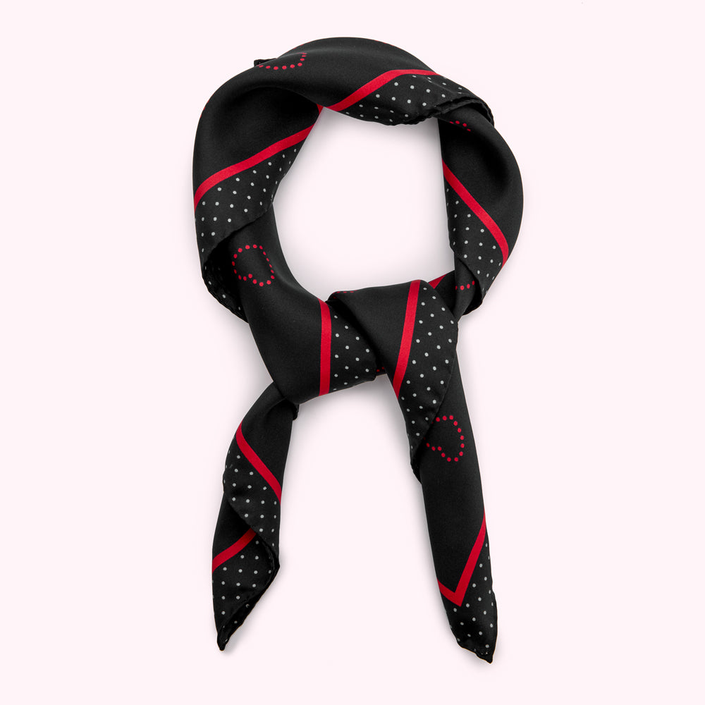 NAVY AND RED POLKA HEART SILK TWILL SCARF