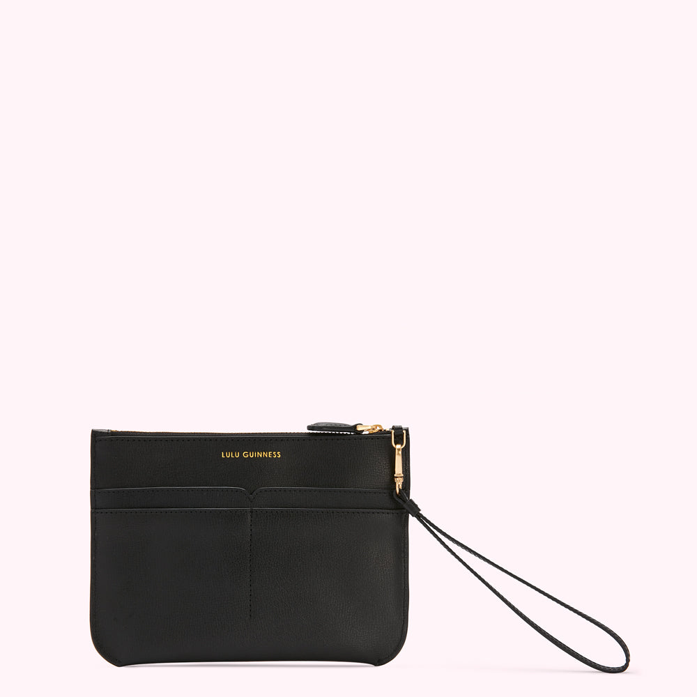 Black Lulu Guinness zip-around pouch with wrist strap.
