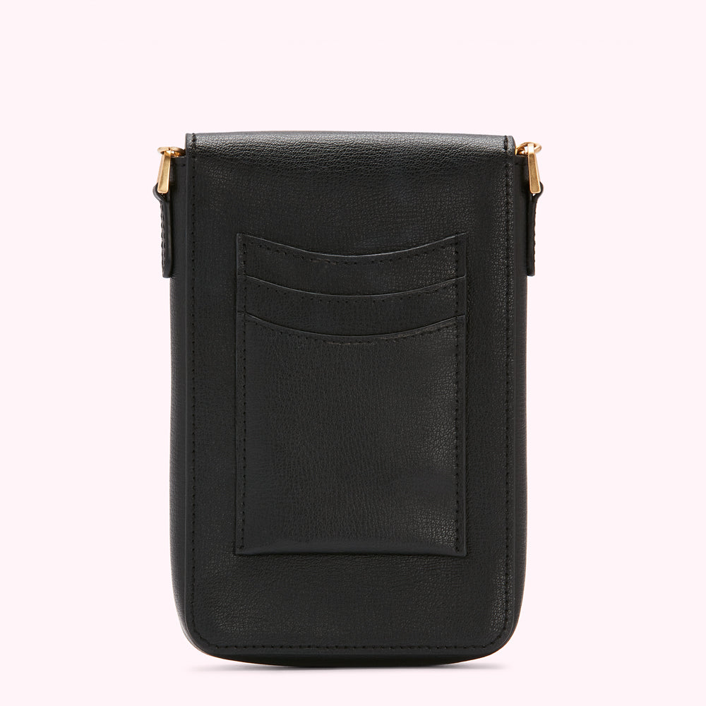 Black leather crossbody phone bag with gold-tone hardware and multiple card slots.
