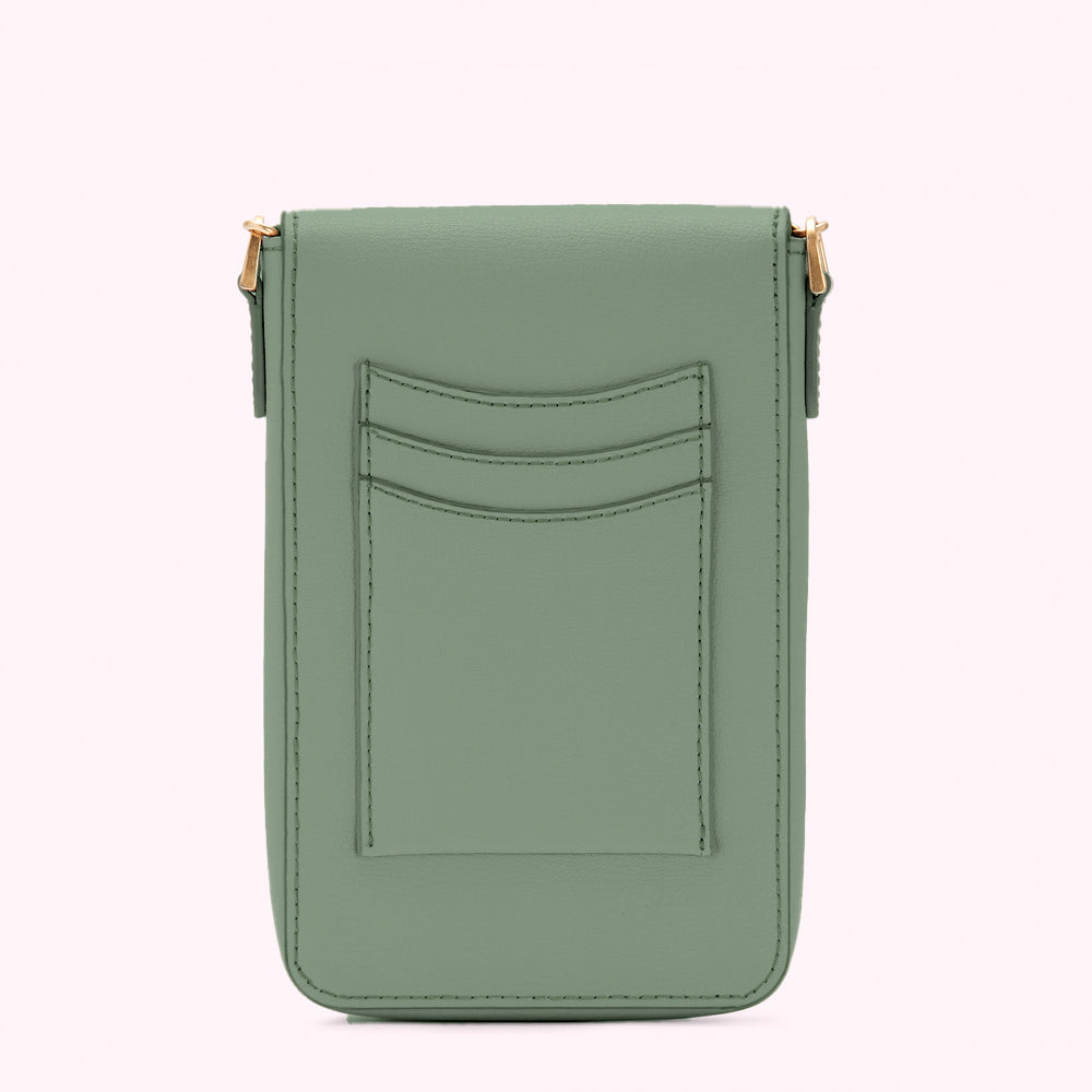 Sage green leather phone crossbody bag with card slots.
