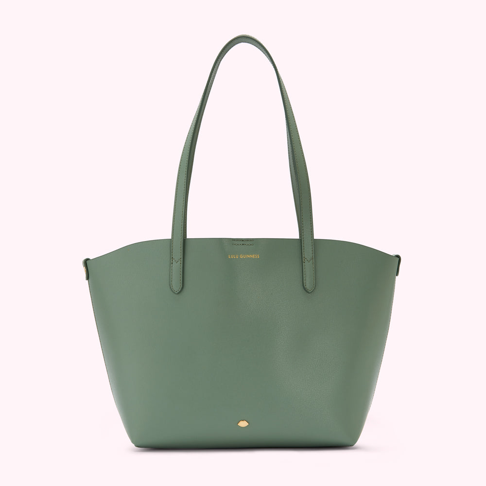 Sage green Lulu Guinness tote bag with gold logo.
