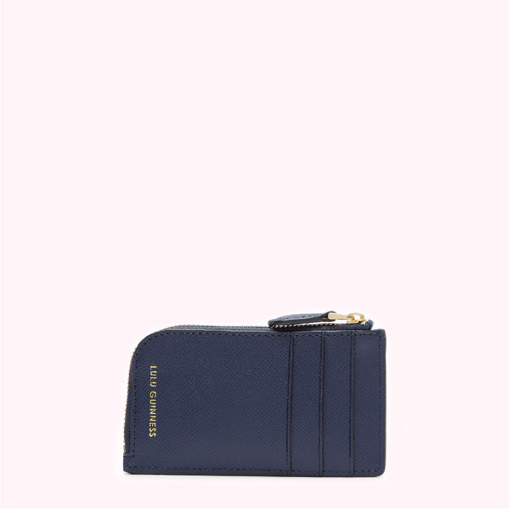 Navy blue Lulu Guinness zip-around cardholder.