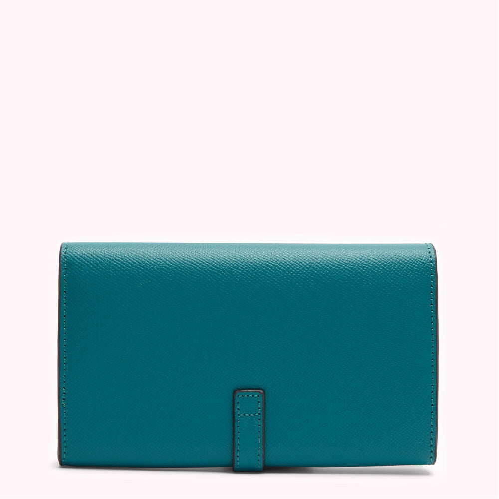 Teal leather wallet on white background.
