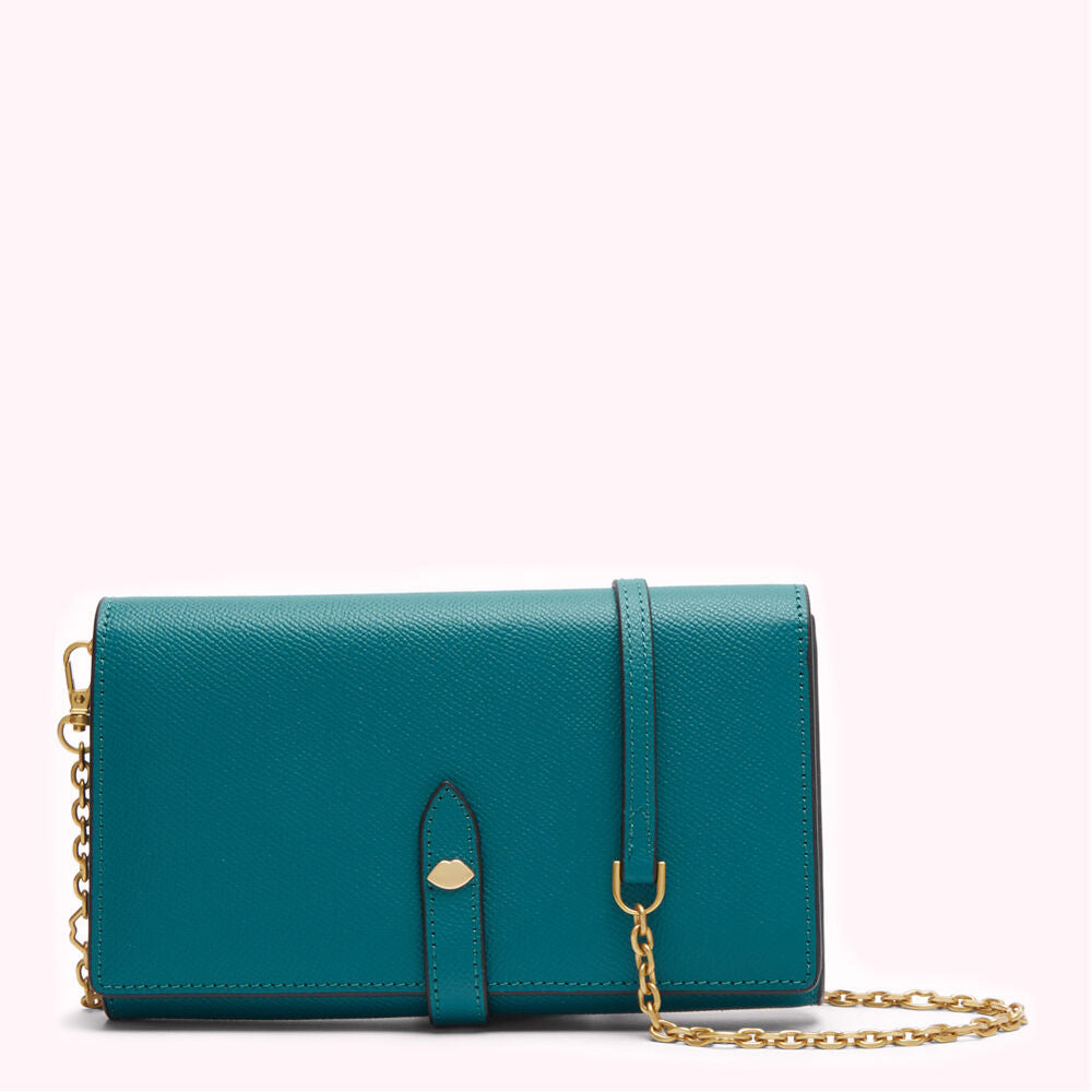 Teal leather wallet-on-chain with gold-toned hardware.