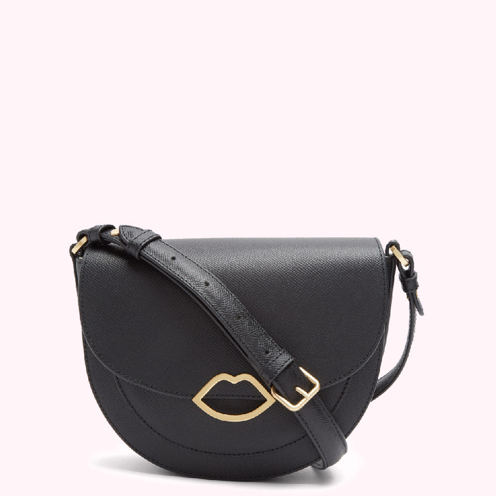Black half-moon crossbody bag with gold lip detail.
