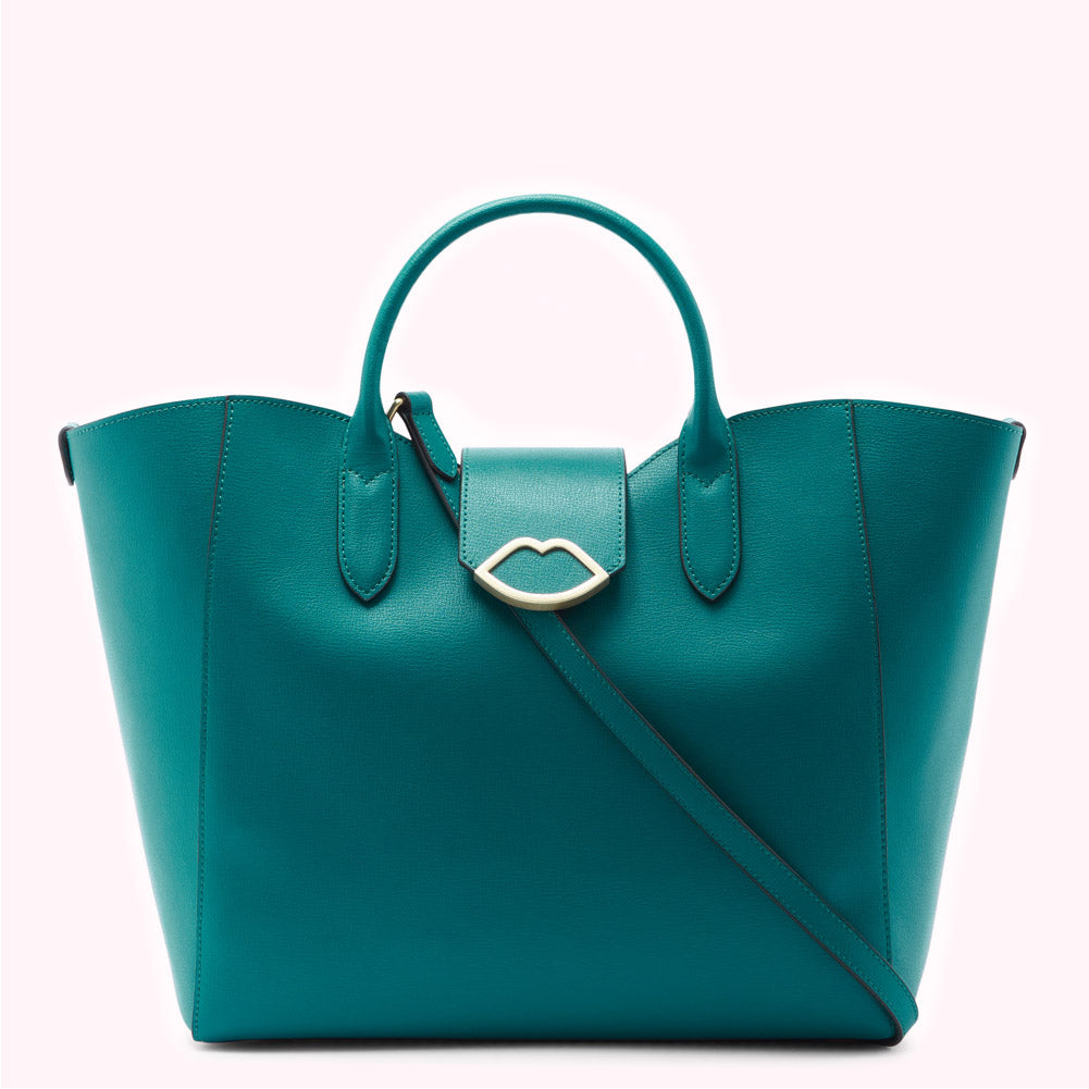 Teal leather tote bag with gold lip-shaped clasp and shoulder strap.
