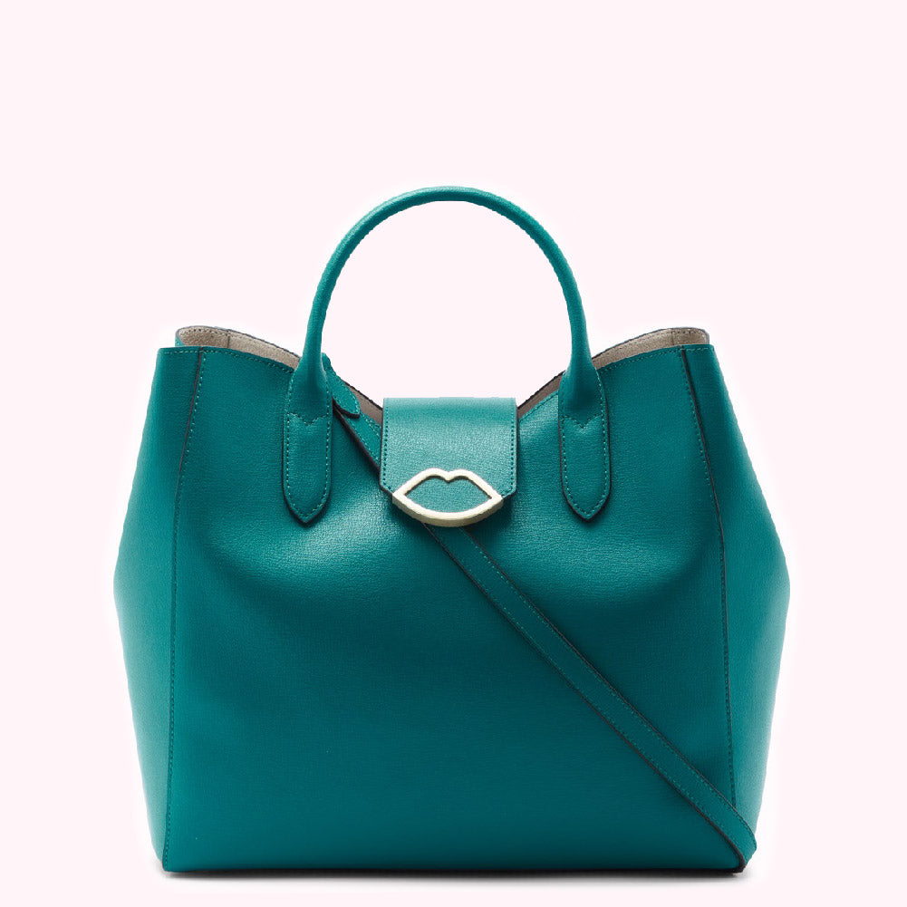 Teal leather handbag with a gold lip-shaped clasp and a detachable shoulder strap.
