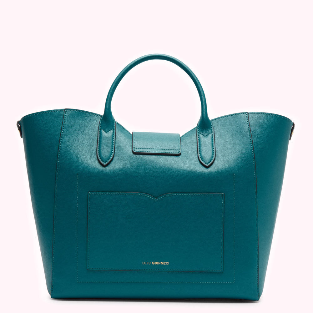 Teal Lulu Guinness tote bag with a front pocket.
