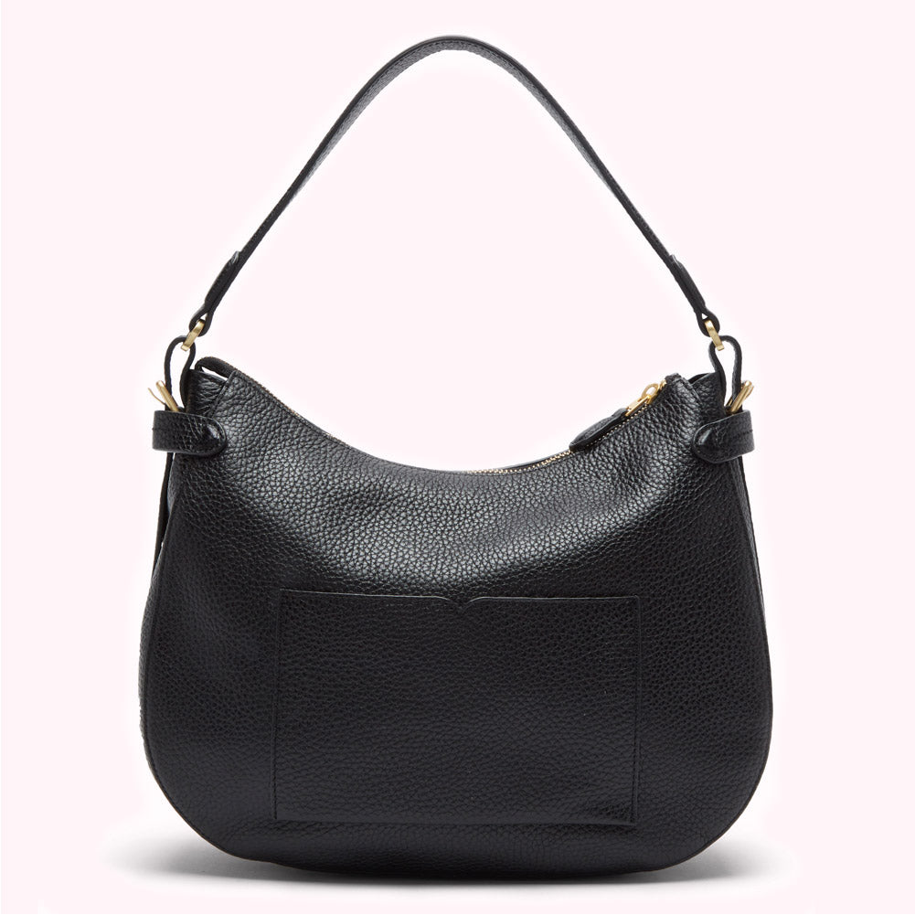 Black leather hobo bag with gold hardware, shown from the back.
