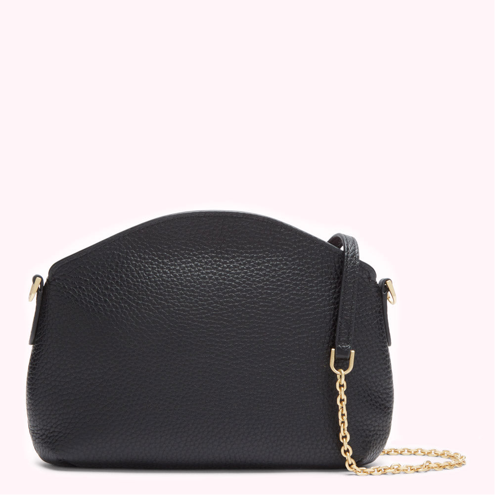 Black pebble-grain leather crossbody bag with gold chain strap.
