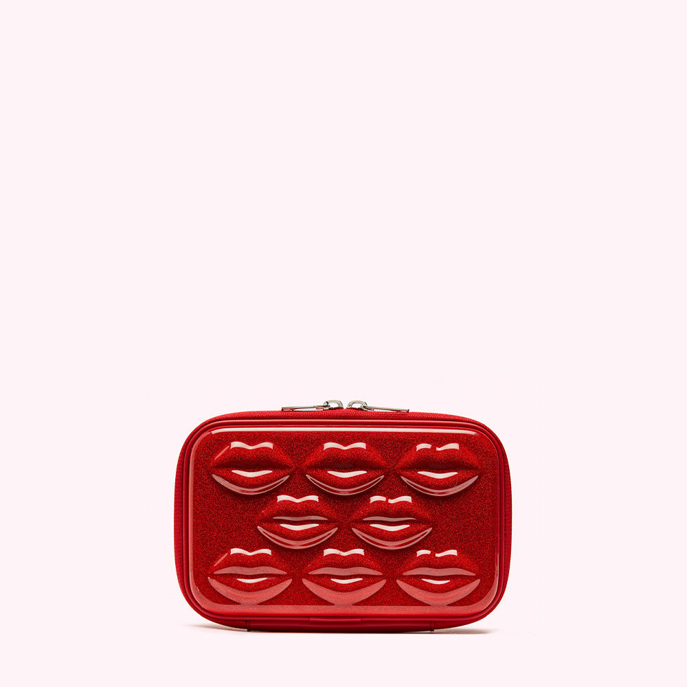 Red rectangular cosmetic bag with 3D lip design.