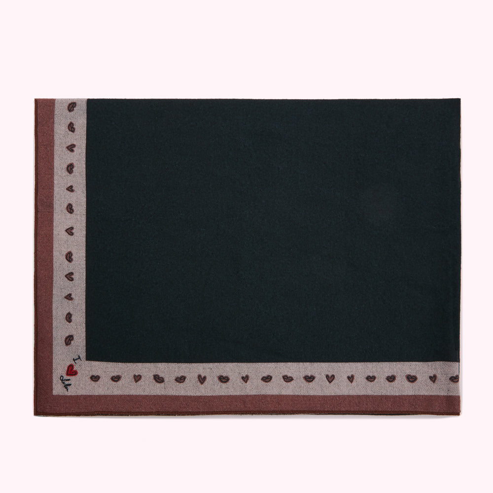 Dark green scarf with a mauve border featuring a repeating pattern of lips and hearts; "I love She" is embroidered in the bottom left corner.
