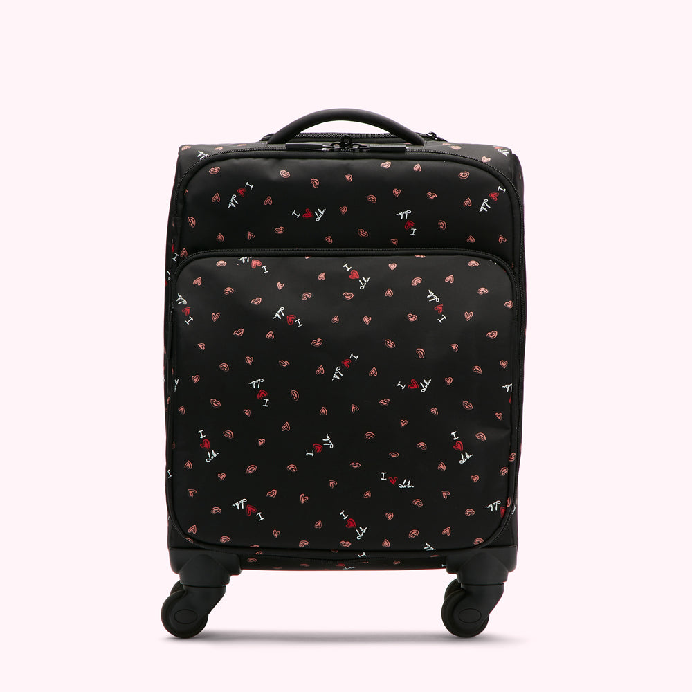 Black carry-on suitcase with a repeating pattern of red lips and "I love Lulu" text.
