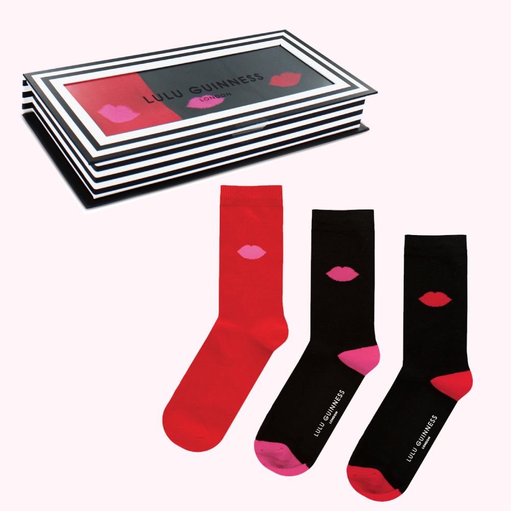 Lulu Guinness London lipstick socks gift set in black and red with a black and white striped box.